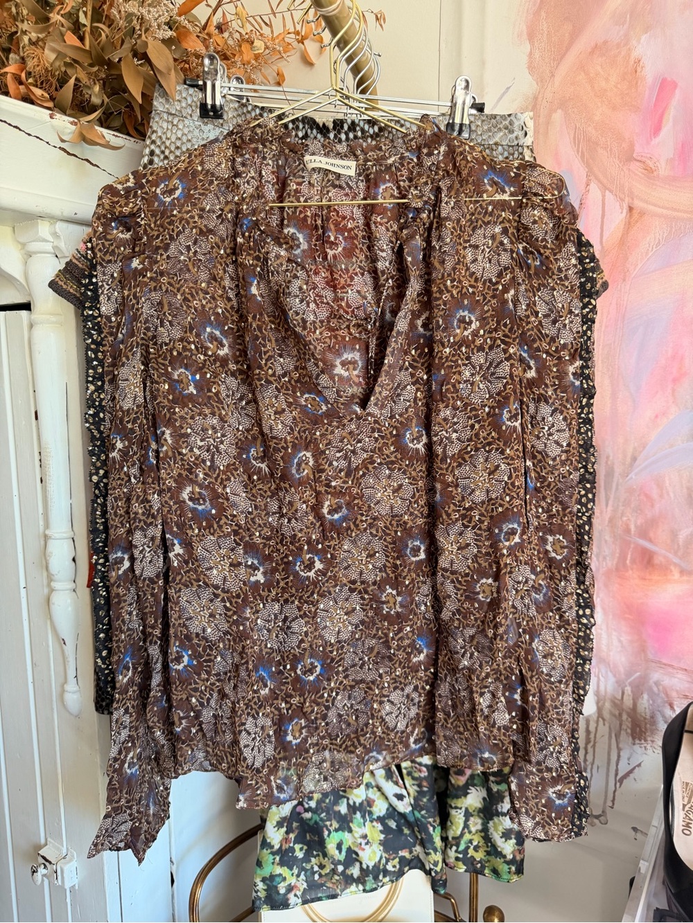 Ulla Johnson Brown Floral Cowl-Neck Blouse